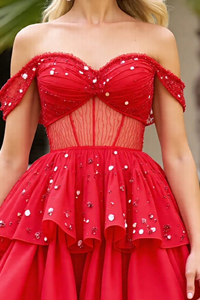 Weitese Dress Sparkly Red Beaded Corset Short Homecoming Dress Ruffles Lace Up Party Dress